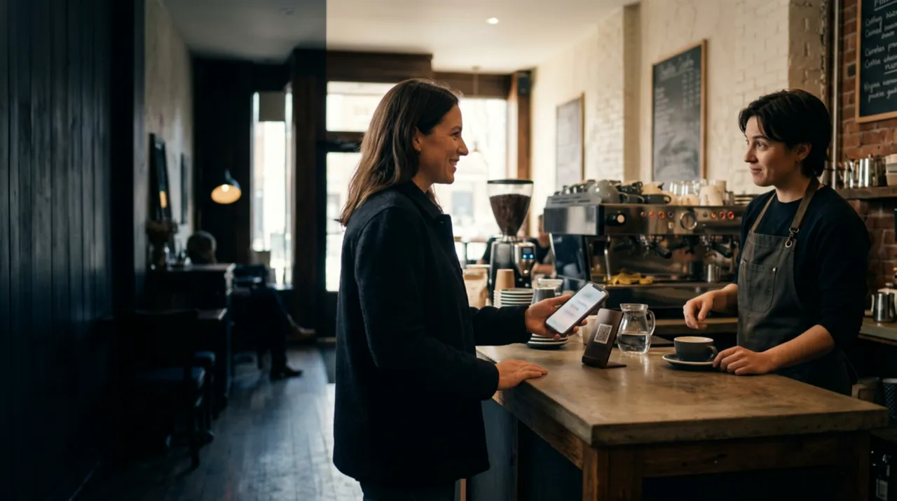 Une cliente fidèle accueillie dans un café.